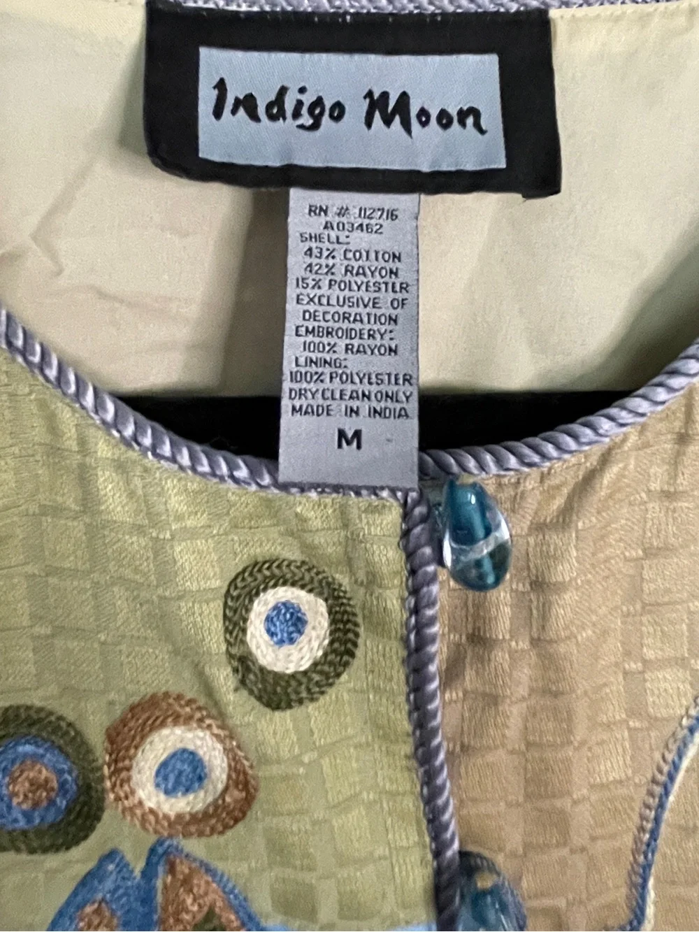 Indigo Moon Vintage Quilted Boho Patchwork Embroidered Jacket Size M Glass Beads